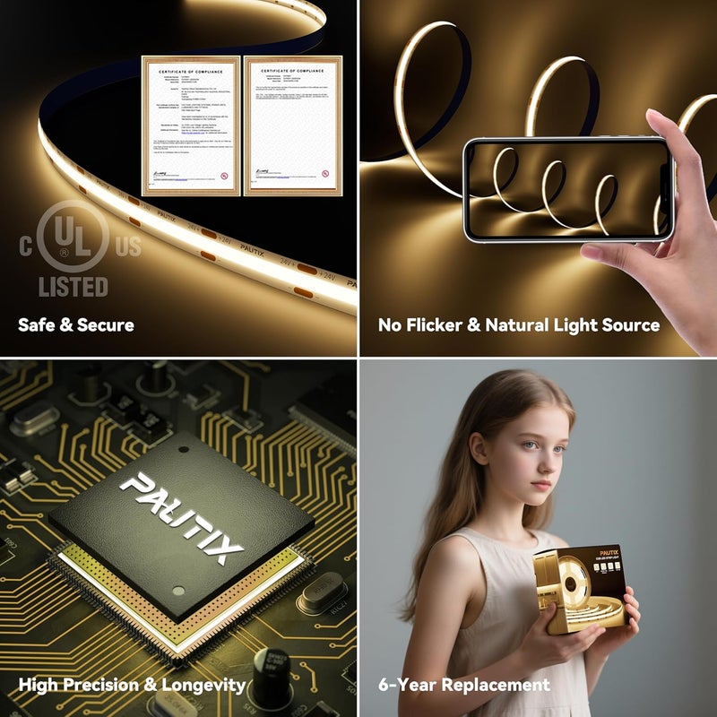 PAUTIX أضواء شريط LED COB مع جهاز تحكم عن بعد RF، أضواء LED بدون نقاط مدرجة UL، ديمبل 3000K أبيض دافئ، ساطع للغاية 16.4 قدم شريط LED مرن 24V، لمطابخ، أسرّة، مكاتب، إضاءة داخلية للسلالم - Image 5